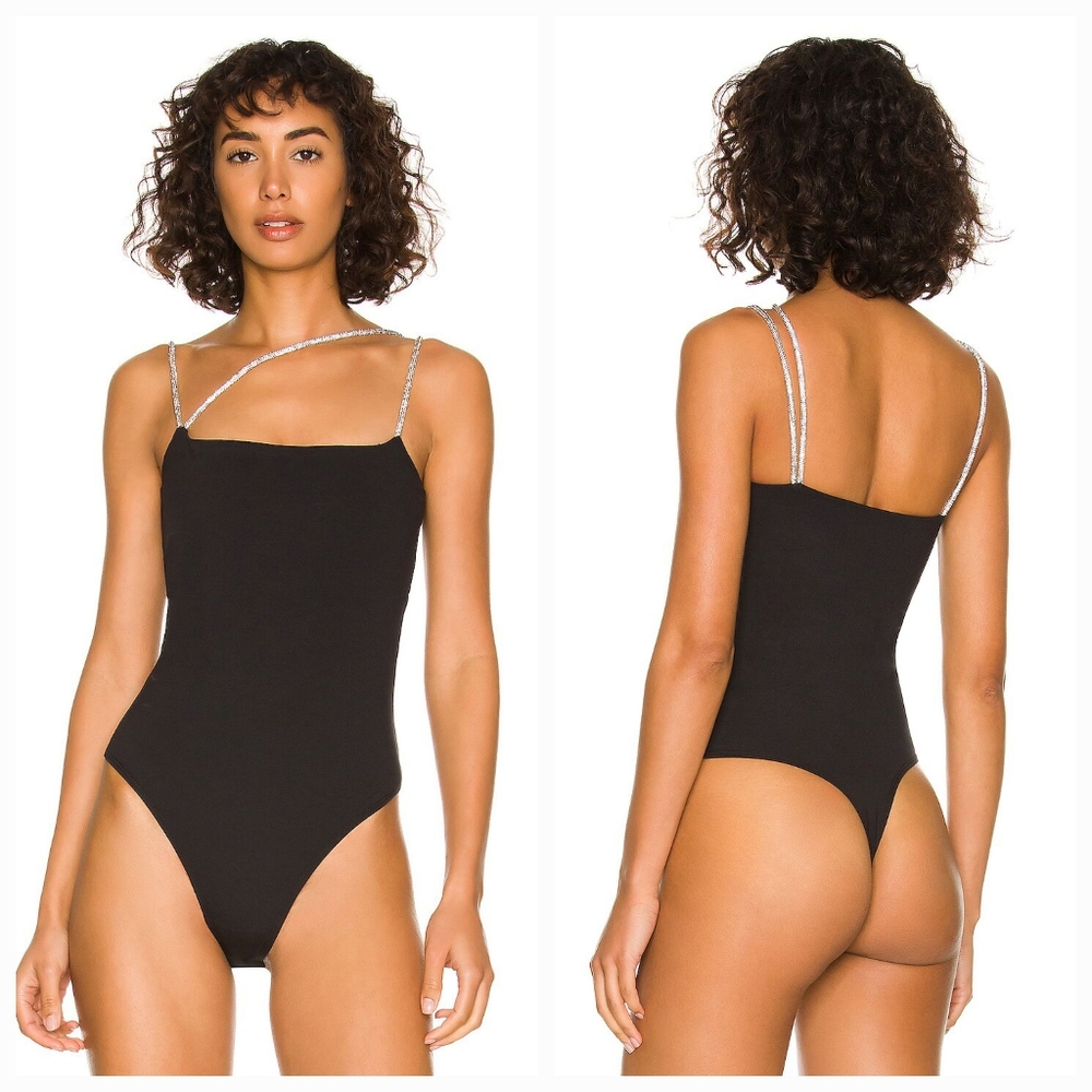 Lovers + Friends Black Bodysuit with Silver Rhinestone Straps